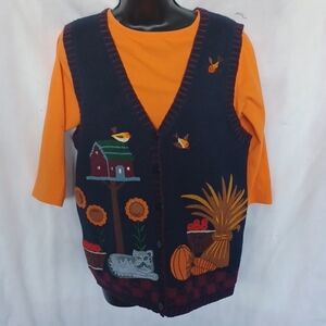 CAPACITY Bird House Daisy Pumpkin Cat Fall Sweater Button Up Vest Sz M Halloween